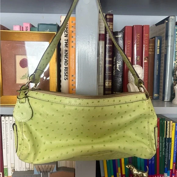 Dooney & Bourke Green Yellow Ostrich Embossed Leather Shoulder Bag Barrel Style - Picture 10 of 12